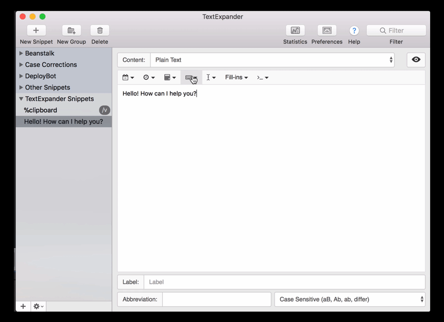 Showing how to add a key press in TextExpander
