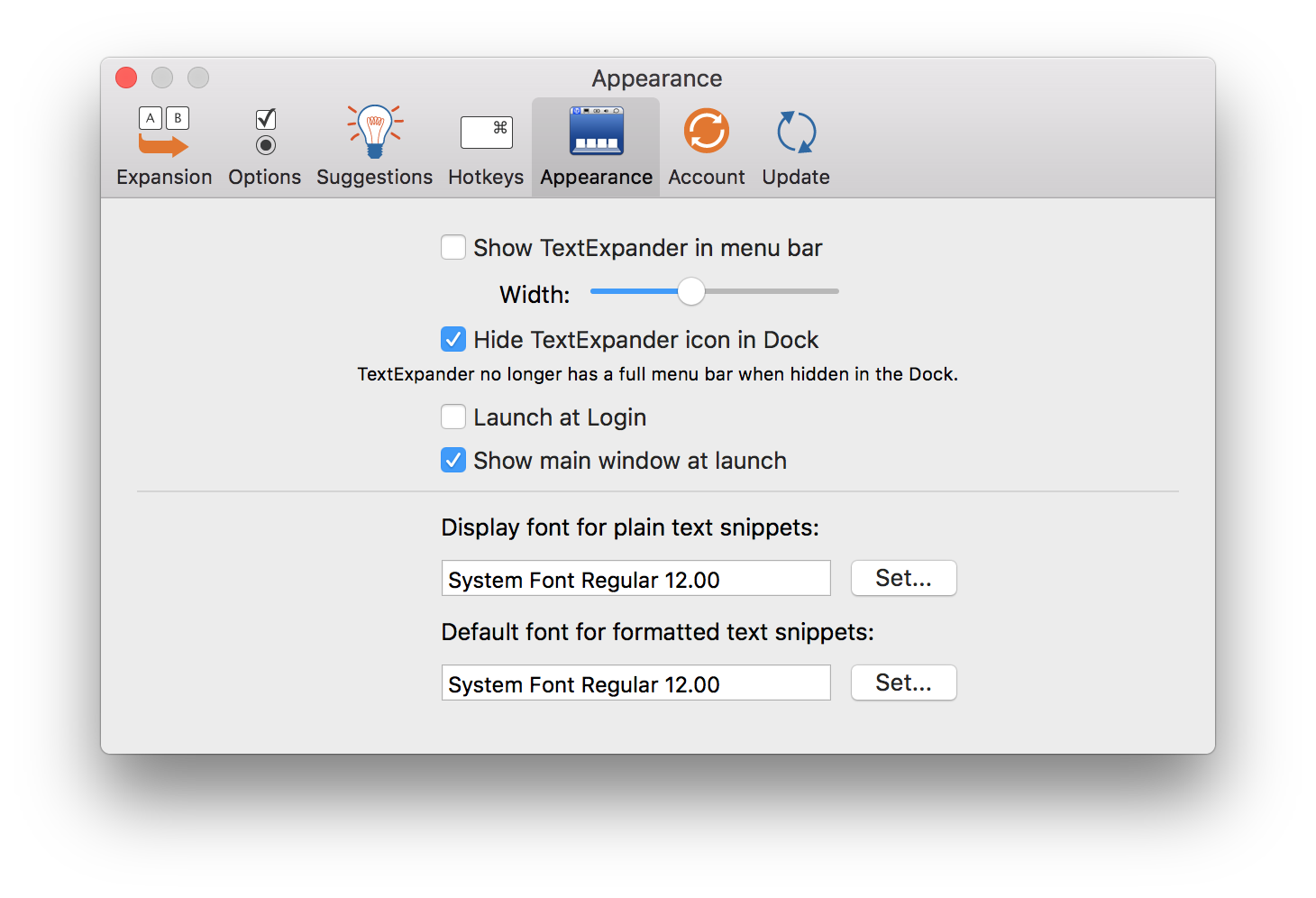 TextExpander settings with hiding dock icon enabled